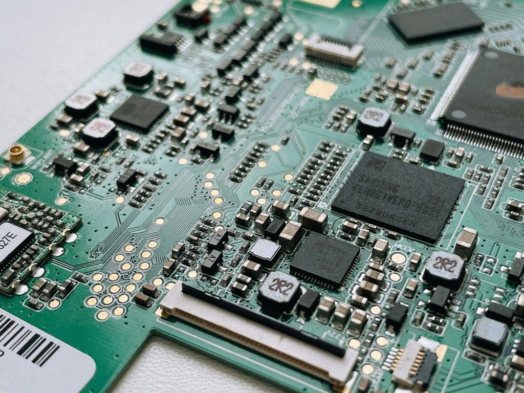 Closeup of electronic circuit board with processor. Electronic computer hardware technology